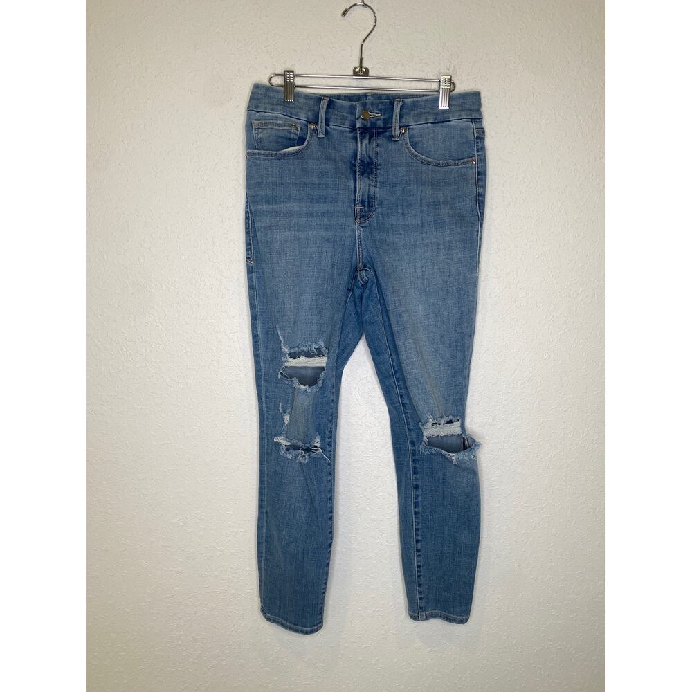 Good American Skinny Distressed Stretchy Medium Wash Blue Jeans EUC Sz 8/29